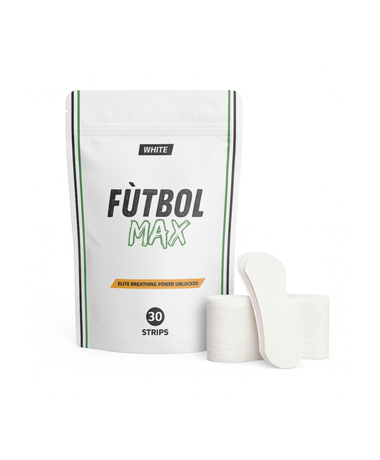 Futbolmax O2 Strips for athletes — premium nasal breathing strips for football, soccer players to improve airflow, sleep and endurance performance, shown with Futbolmax packaging on a white background.
